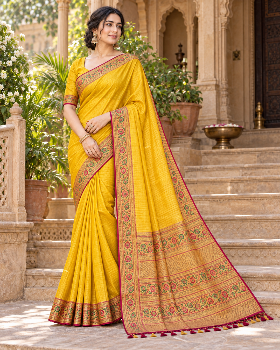 Bright Yellow Saree with Floral Borders & Gold Zari Pallu Main image