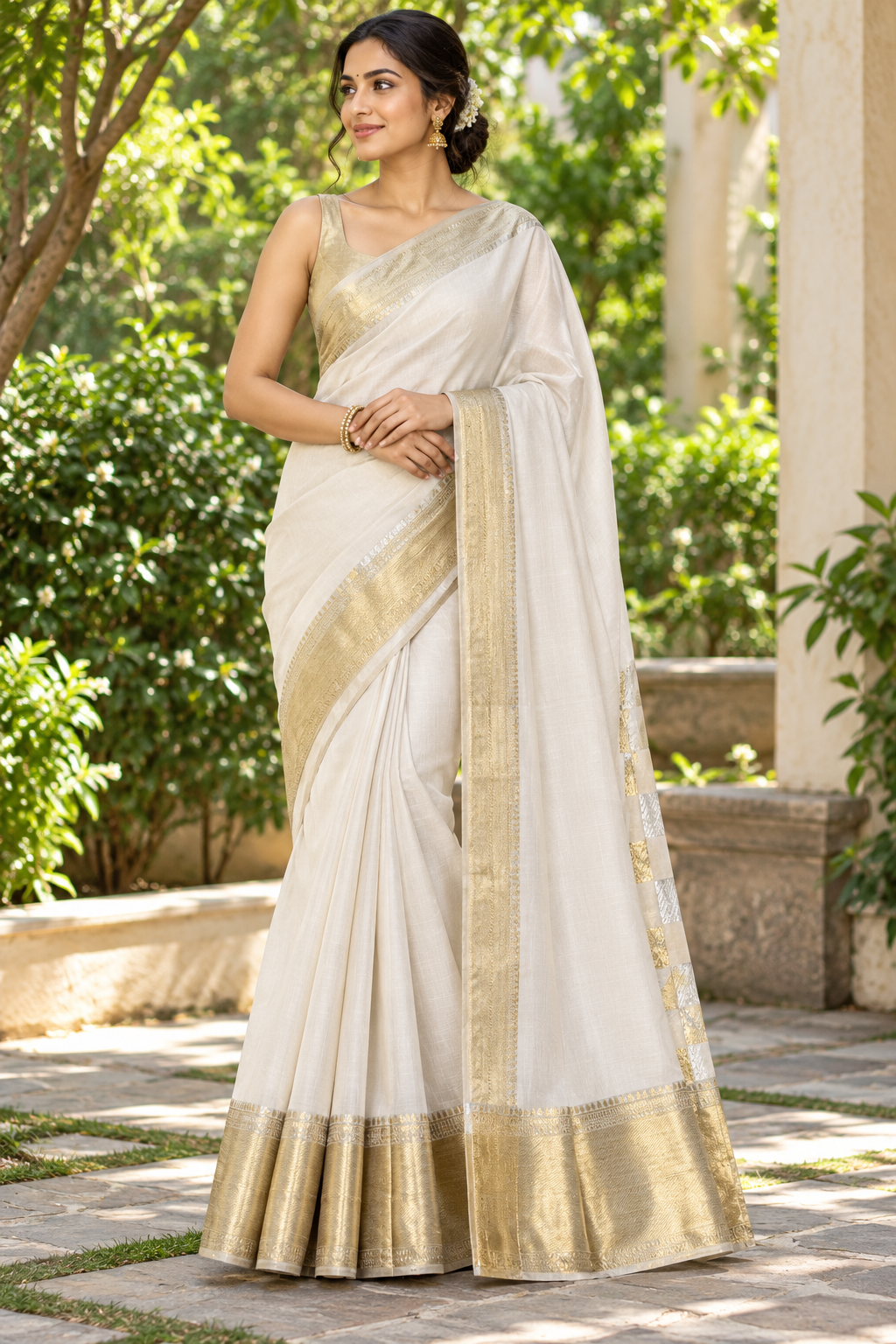Ivory Gold Silk Saree