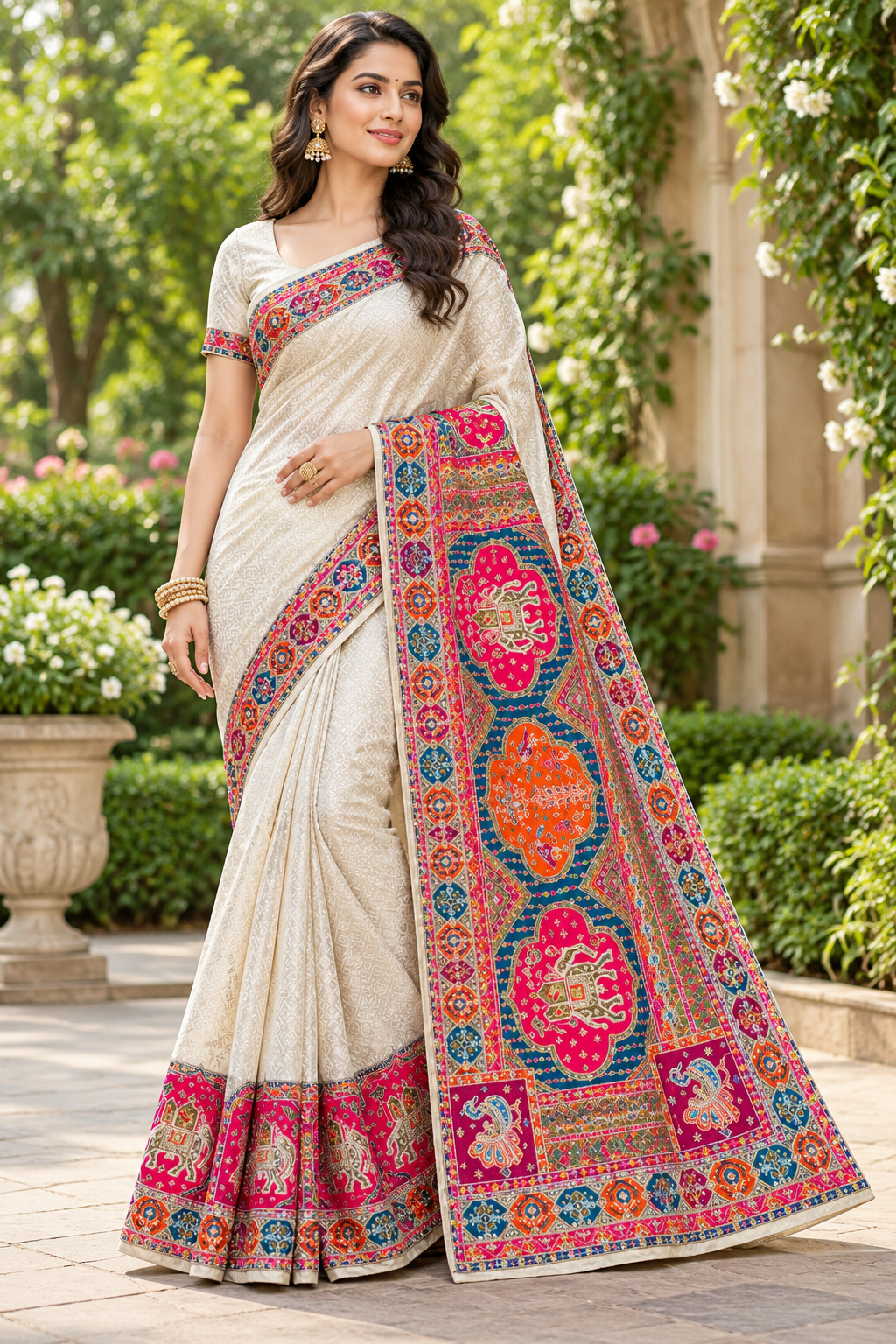 Ivory Cream Jacquard Silk Saree with Vibrant Multi-Color Patola & Kalamkari Motifs