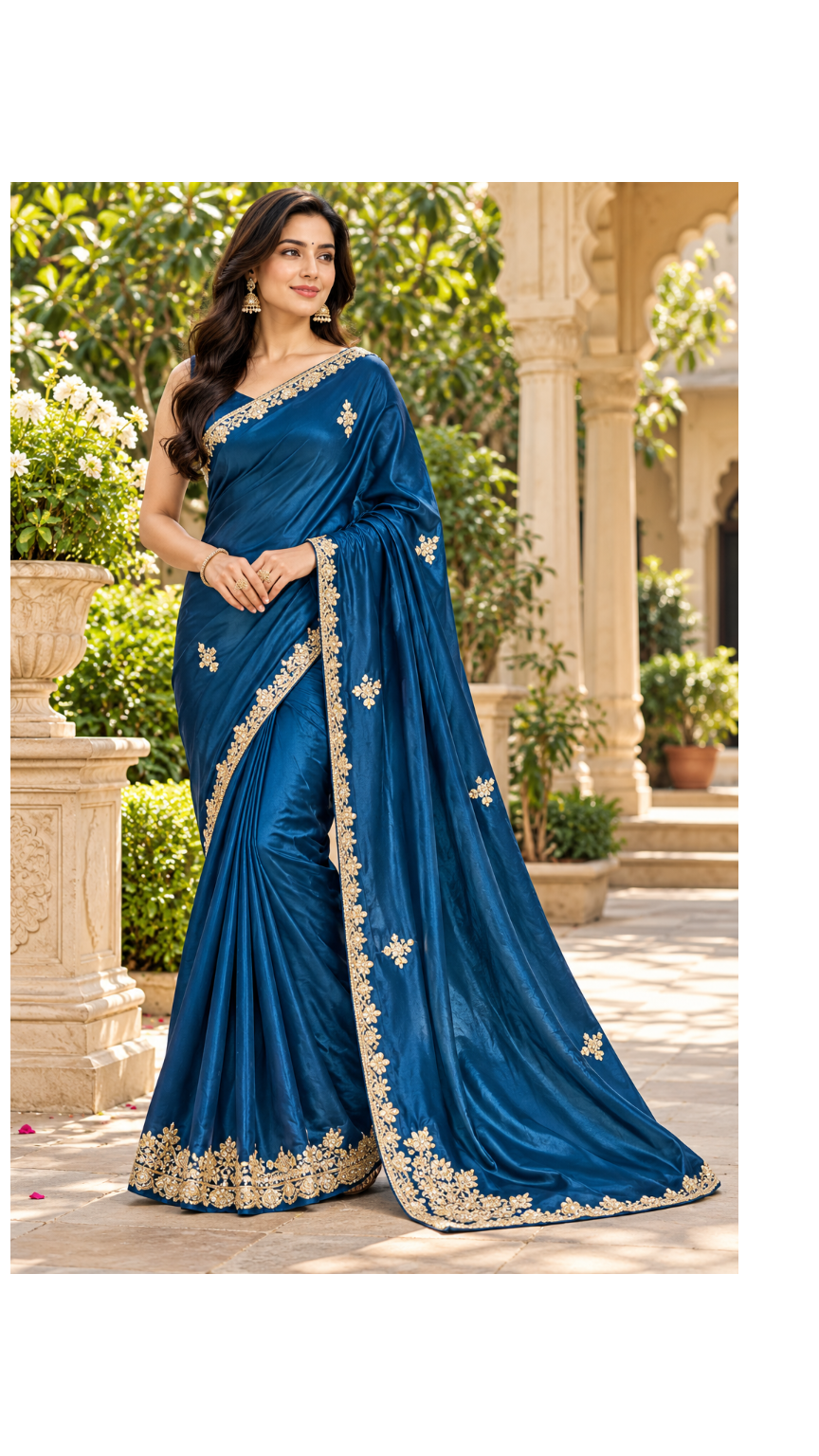 Midnight Blue Zari and Mirror Embellished Saree