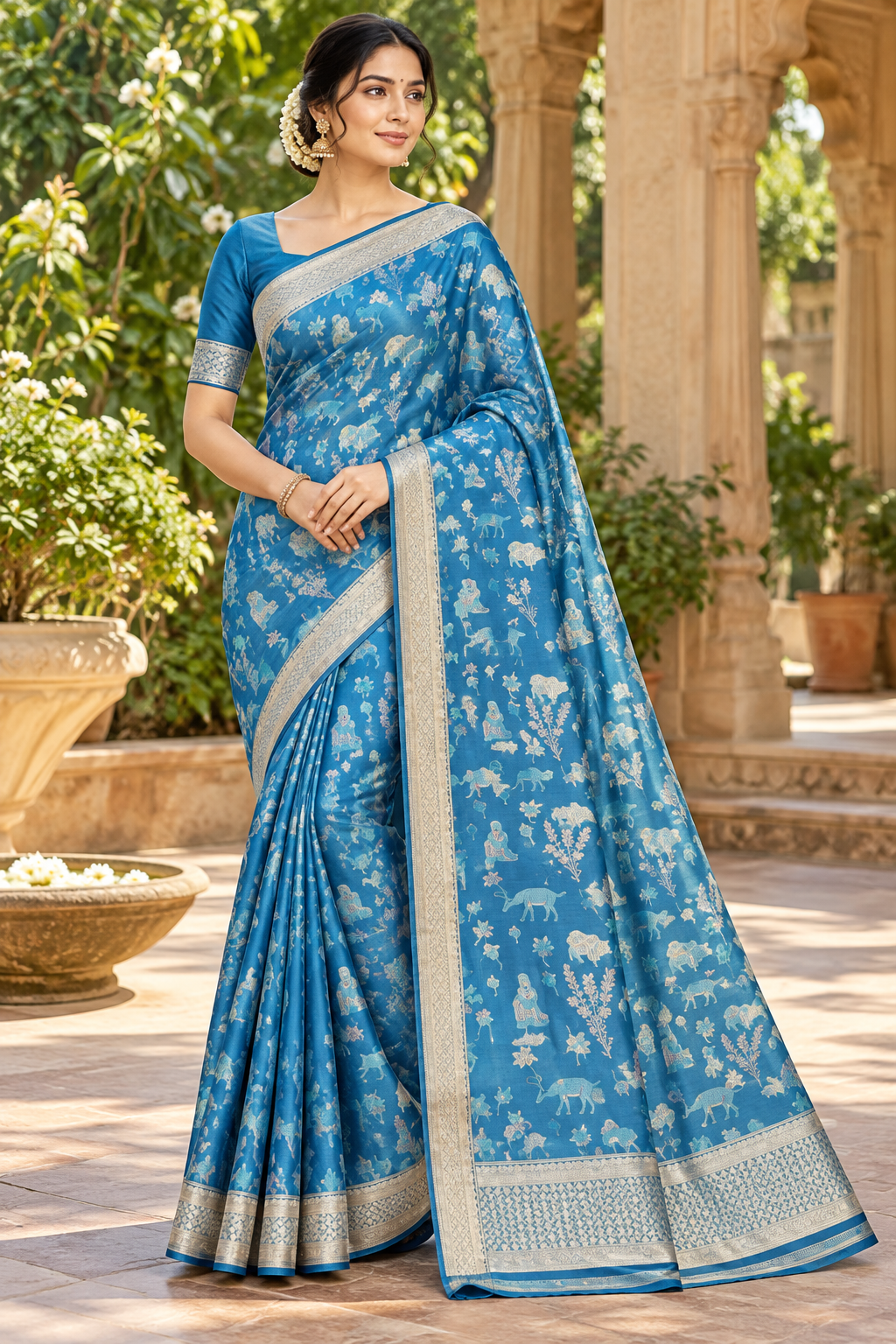 Royal Blue Silk Saree with Woven Silver Zari Animal & Foliage Motifs