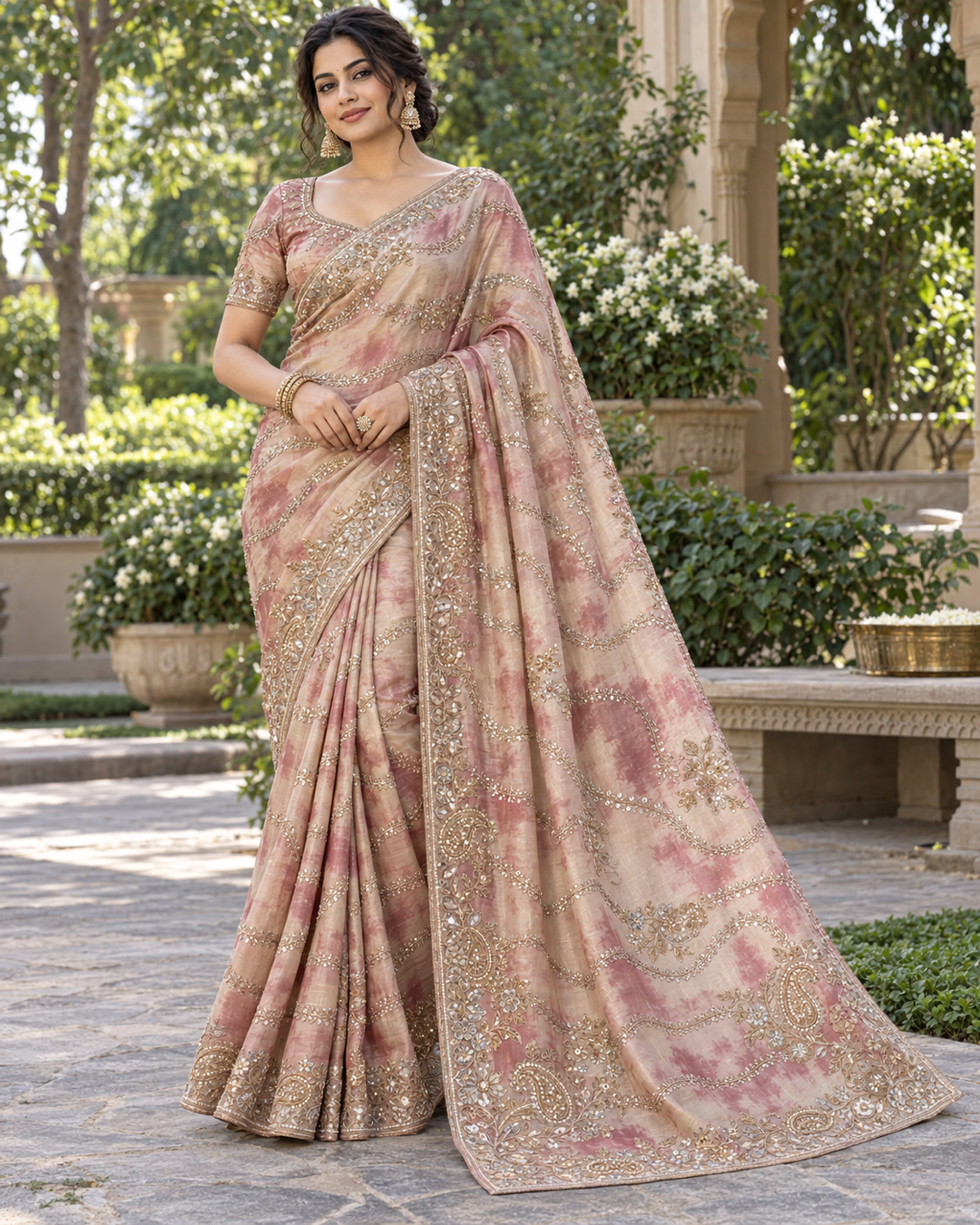 Dusty Rose Tie-Dye Silk Saree with Gold Zardozi Waves & Paisley Border