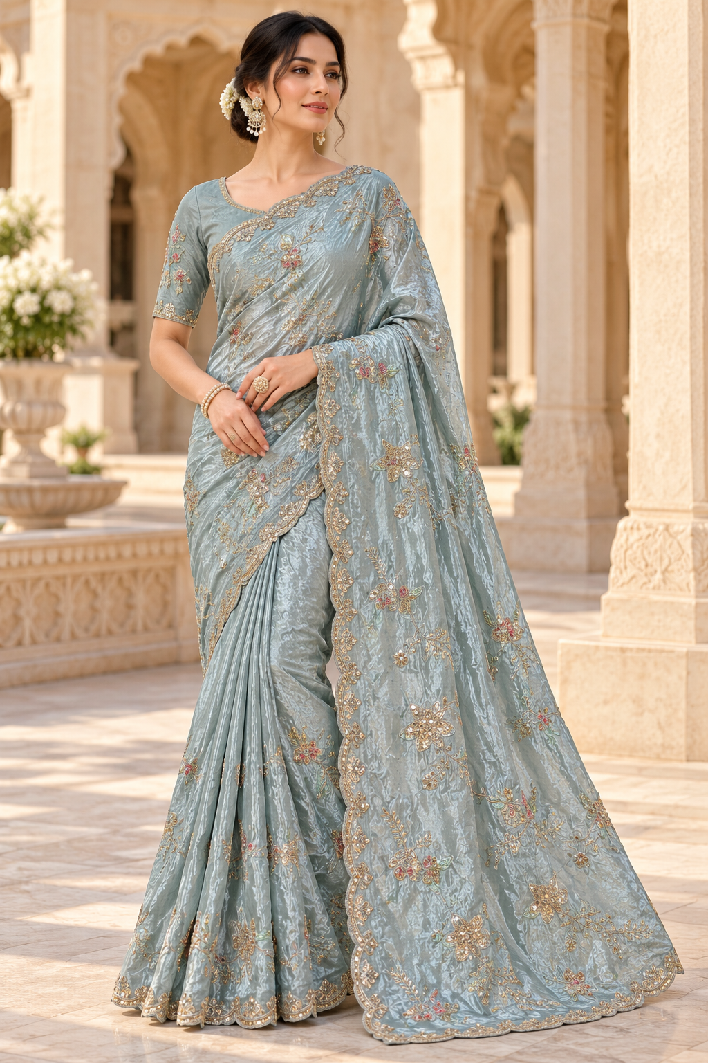 Subtle Grey Embroidered Tissue Silk Saree