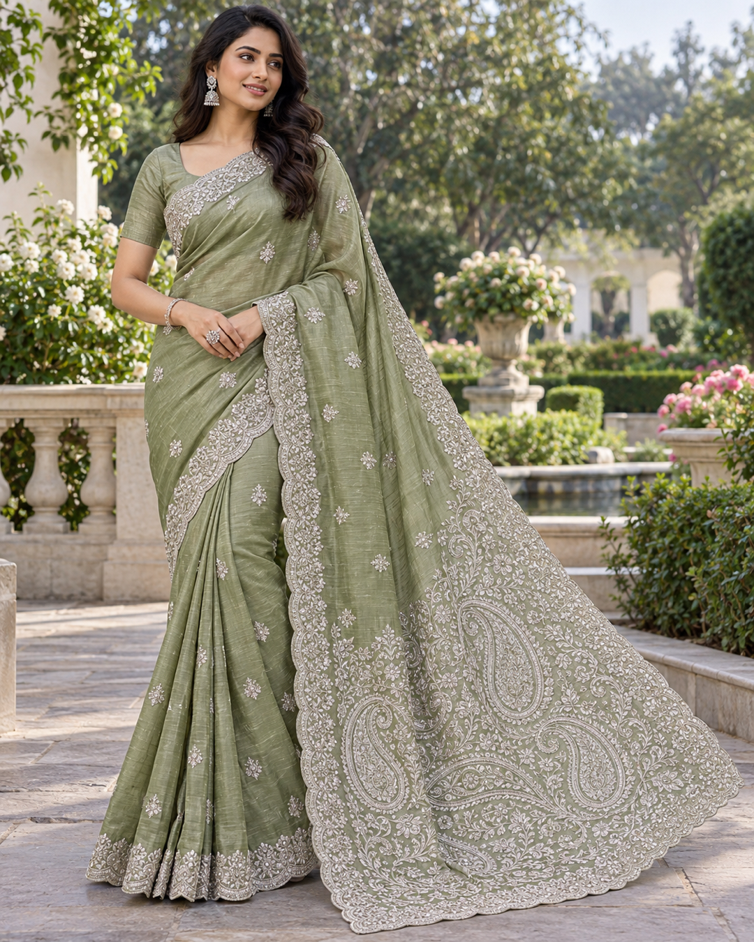 Elegant Sage Green Embroidered Silk Saree with Matching Blouse Main image