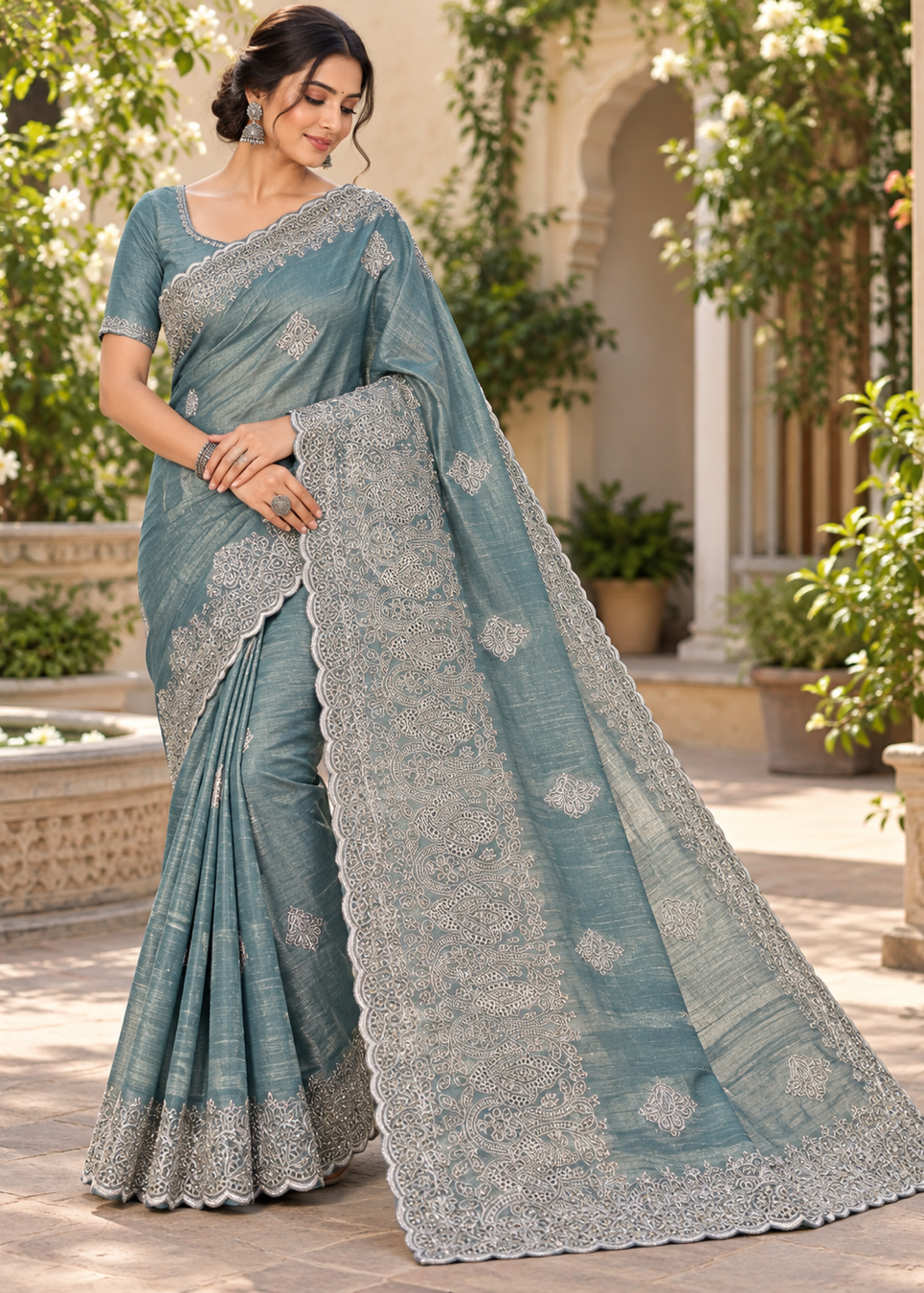 Dusty Steel Blue Silk Saree with Paisley Scalloped Cutwork Border & Silver Embroidery