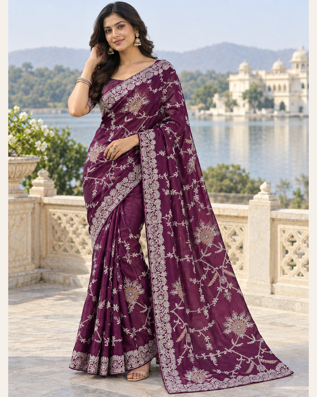 Deep Wine Saree with Intricate Floral Embroidery