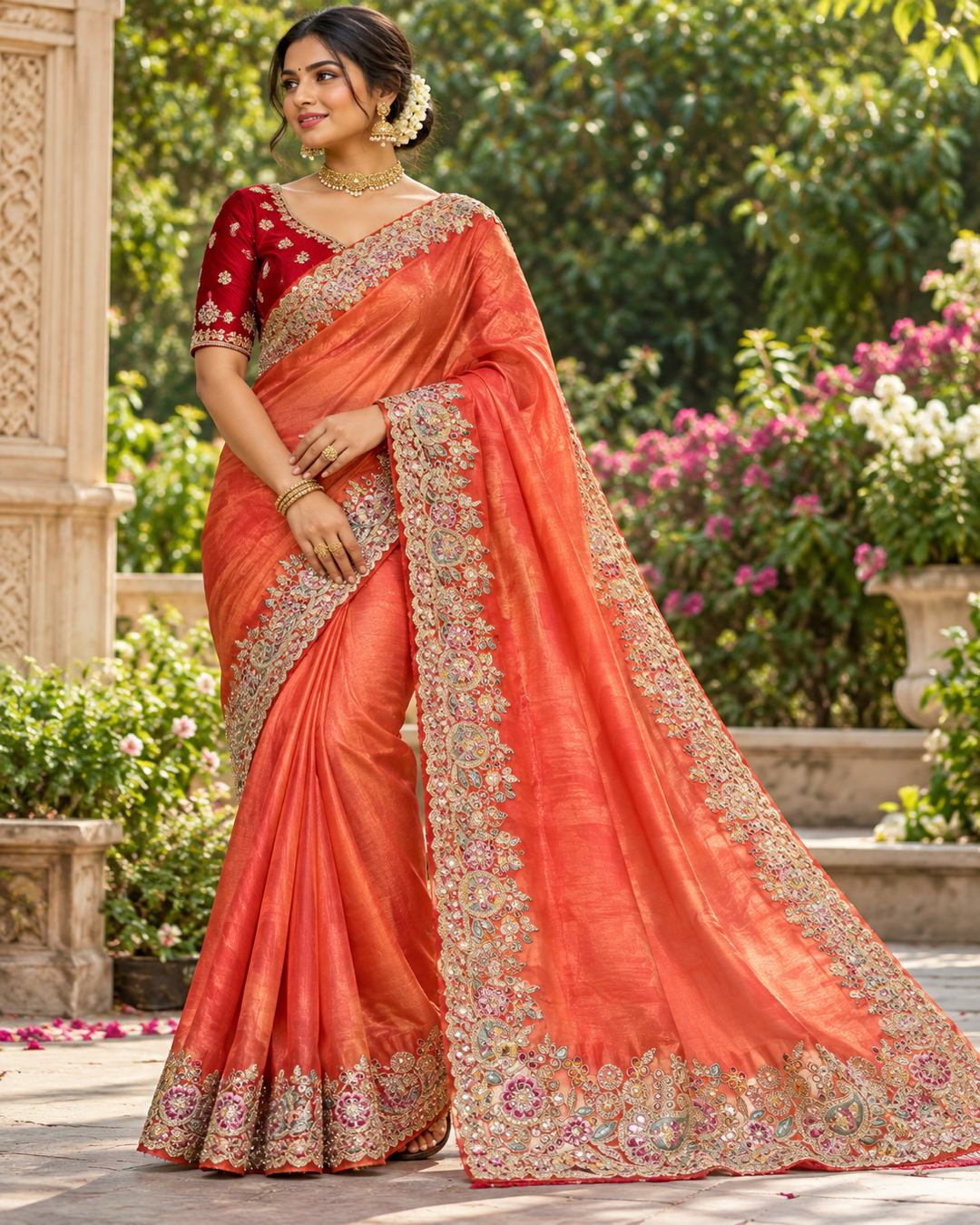 Royal Coral Orange Silk Saree featuring Intricate Cutwork & Zari Embroidery