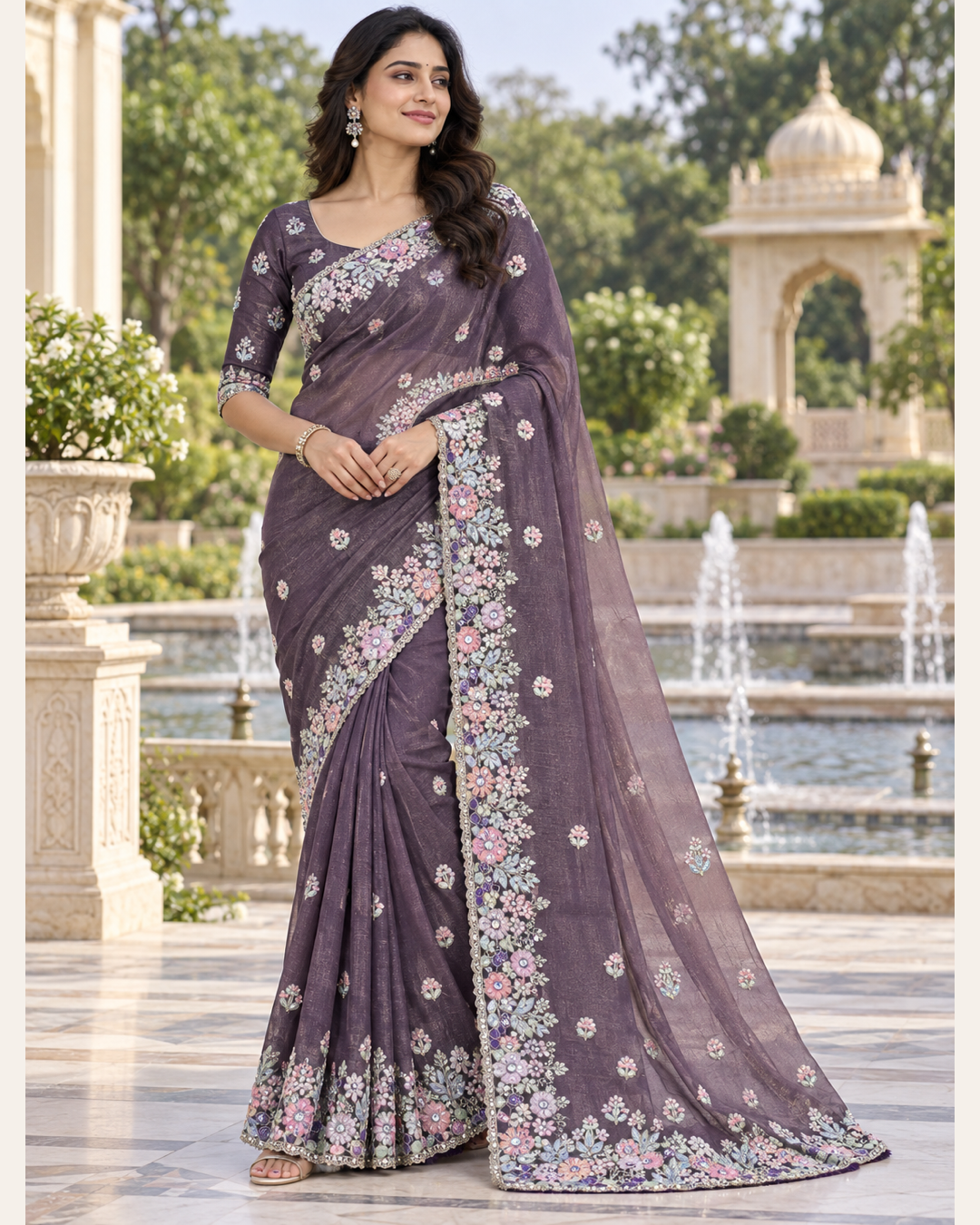 Dusty Mauve Saree with Floral Embroidered Border Main image