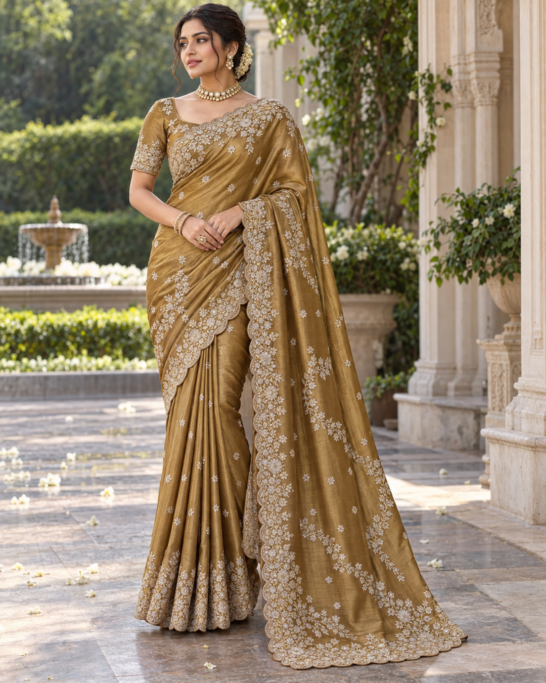 Elegent Antique Gold Floral Embroidered Saree Main image