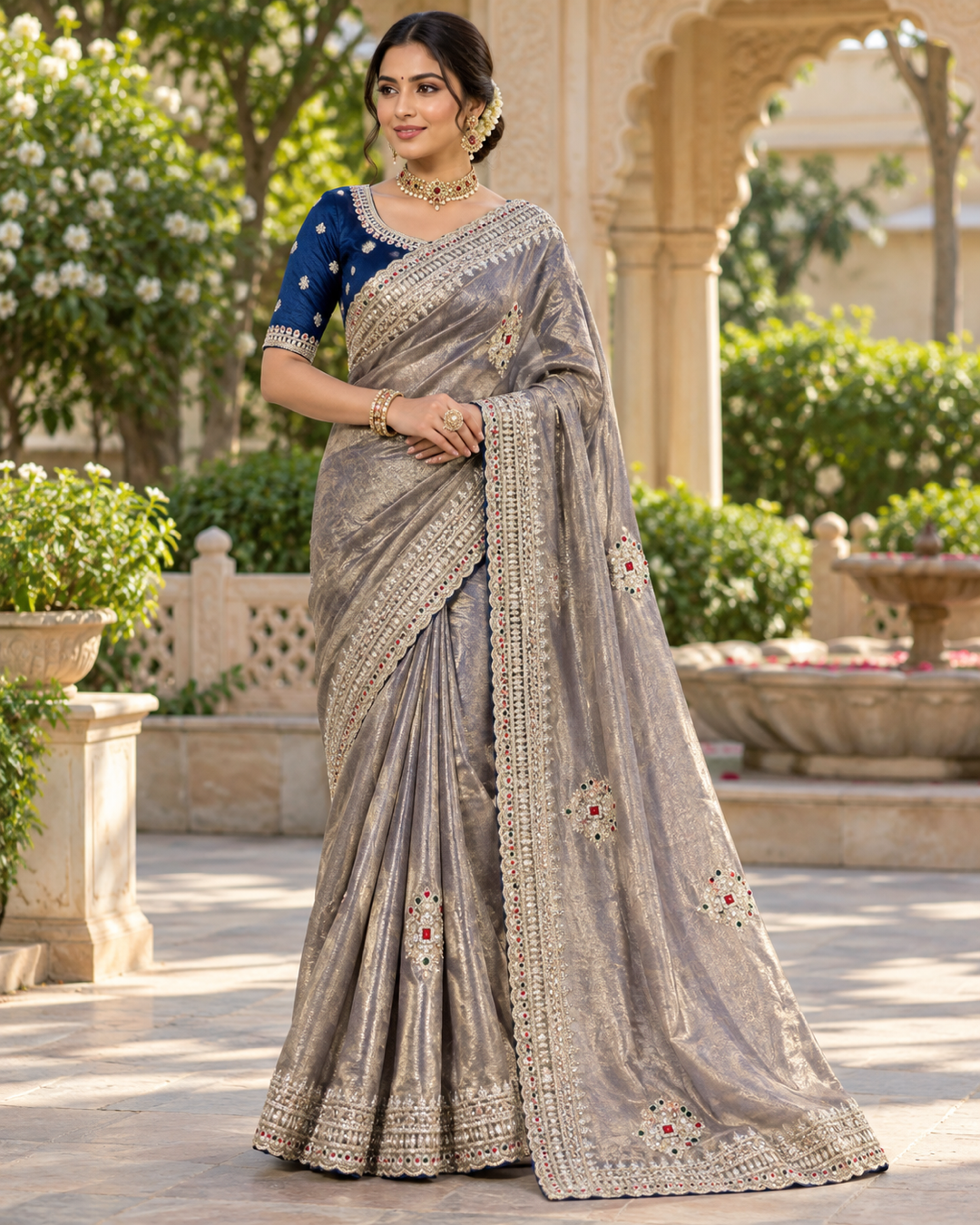 Grey Embellished Saree with Navy Blouse Main image