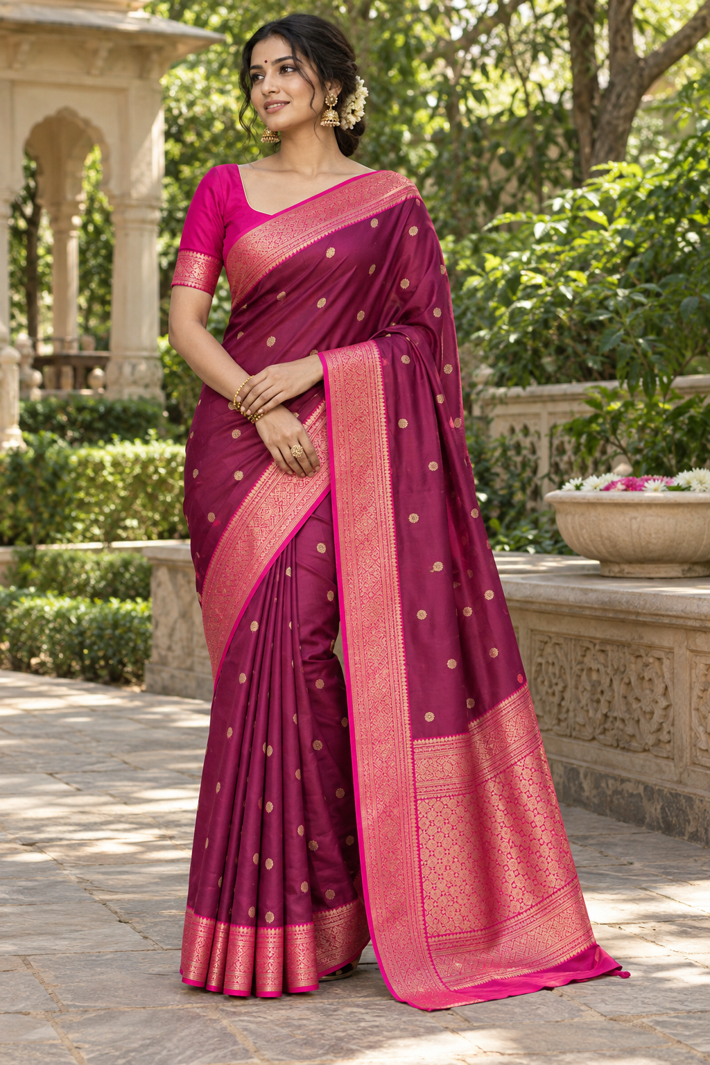 Wine Silk Saree with Diagonal Woven Stripes