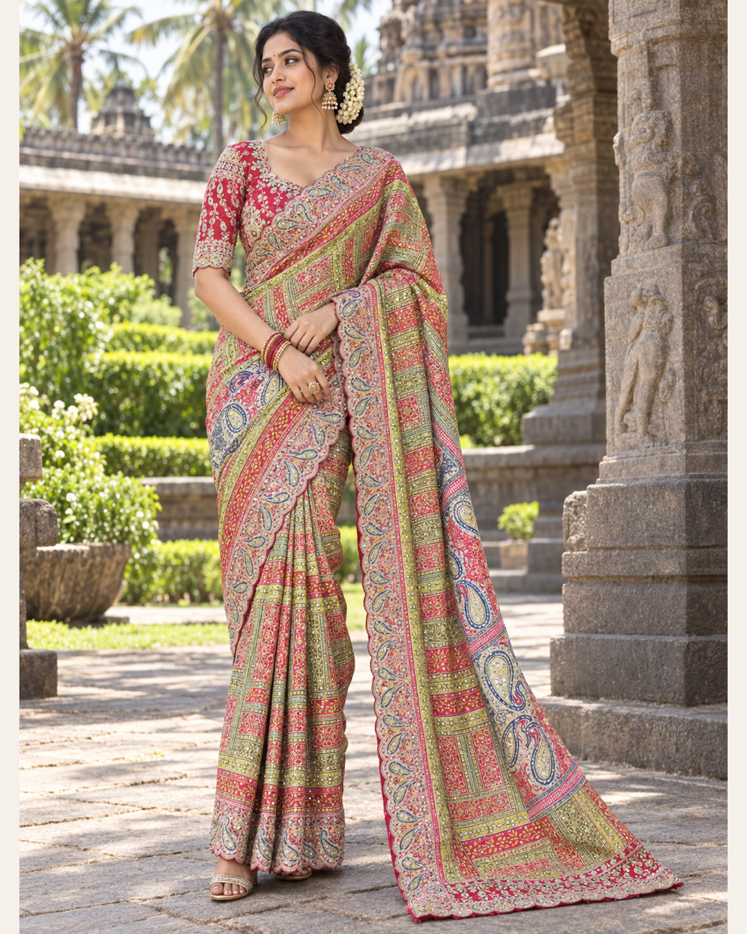 Multicolour Floral & Paisley Printed Saree with Detailed Border Main image