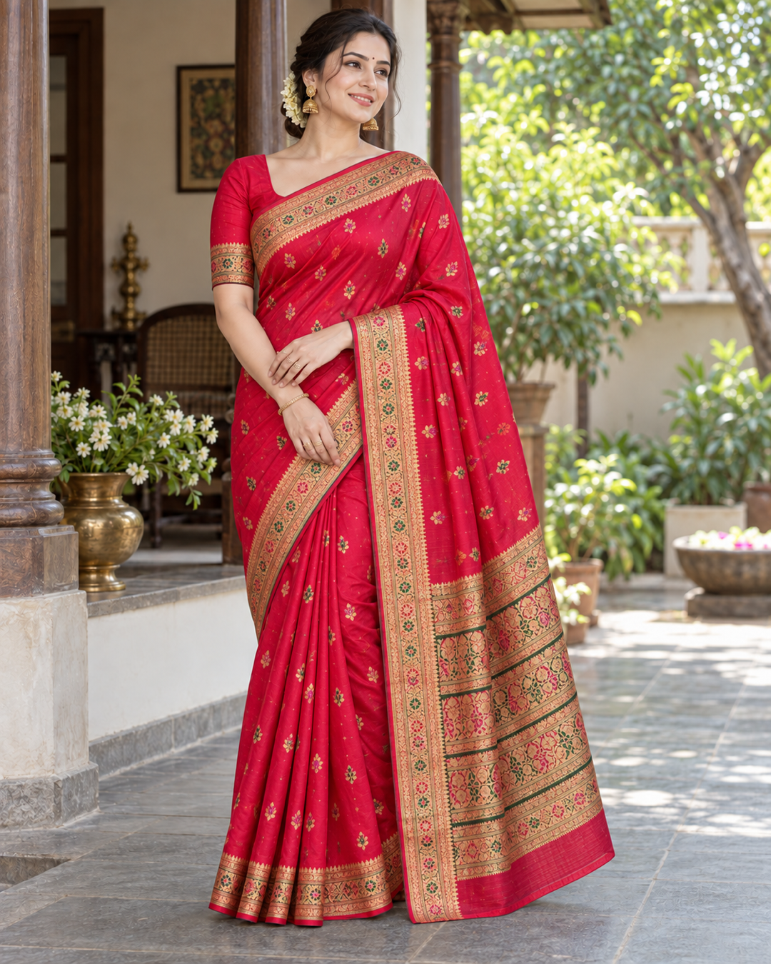 Crimson Pink Saree with Green Gold Zari Border Main image