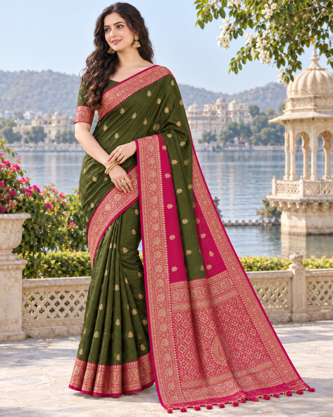 Olive Green Saree with Contrast Rani Pink & Gold Zari Detailing Main image