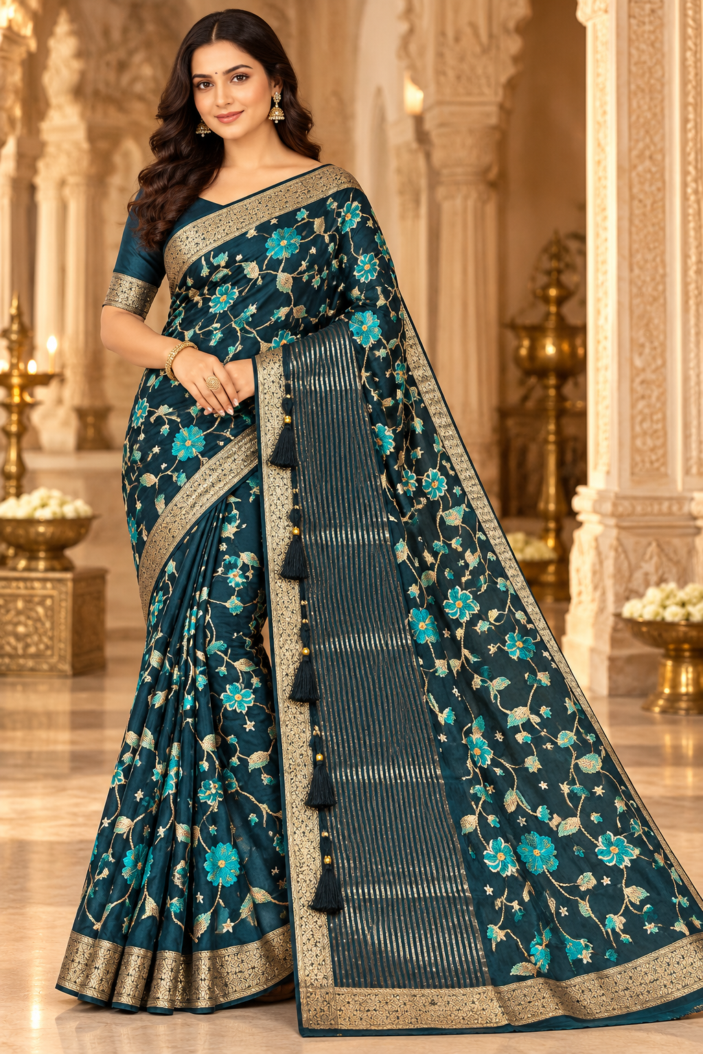 Teal Blue Floral Brocade Saree Main image