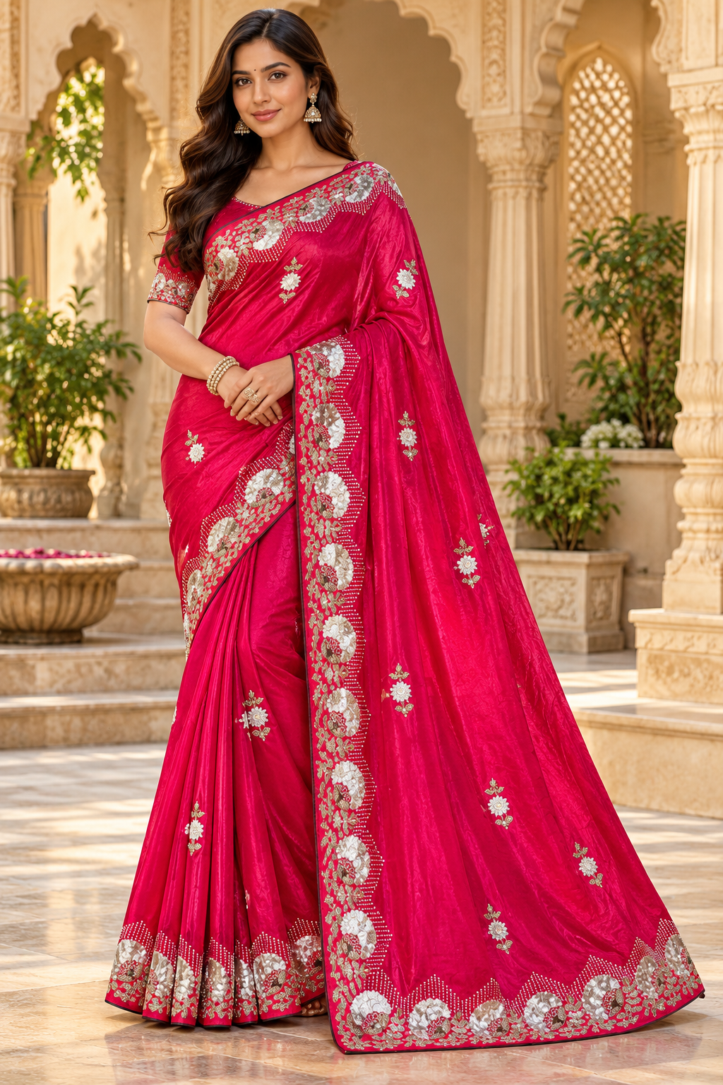 Vermilion Red Floral Embroidered Saree