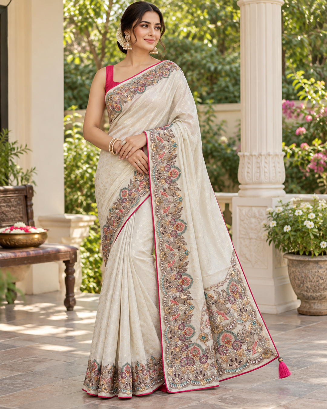 Ivory and Multicolored Embroidered Saree Main image