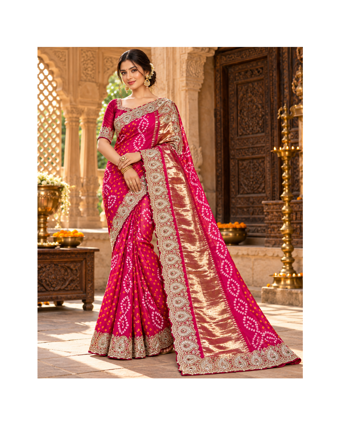 Rani Pink Bandhani Silk Embroidered Saree Main image