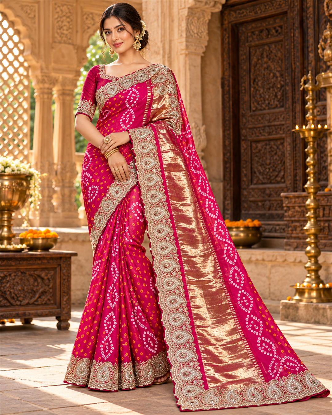 Magenta Silk Bandhani Zardozi Work Saree