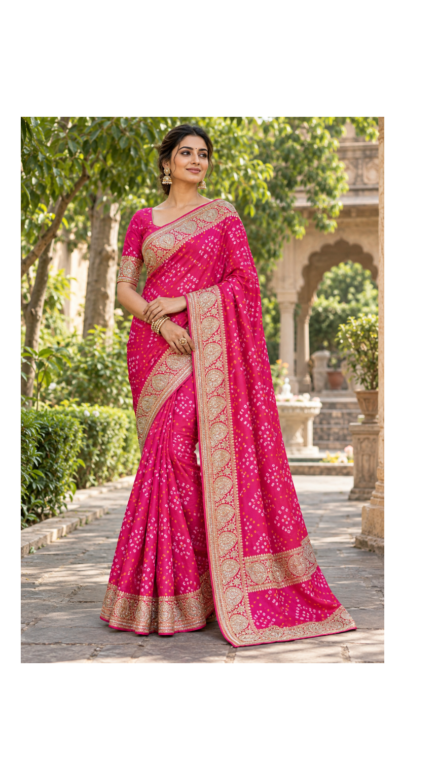 Rani Pink Bandhani Silk Embroidered Saree Secondary image