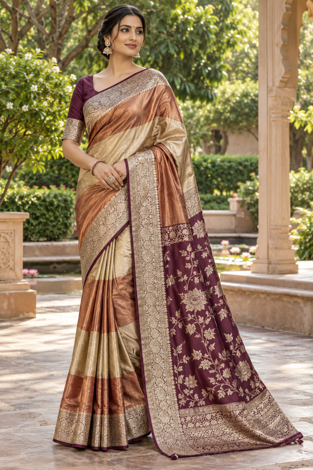 Copper And Champagne Striped Saree With Deep Plum Pallu