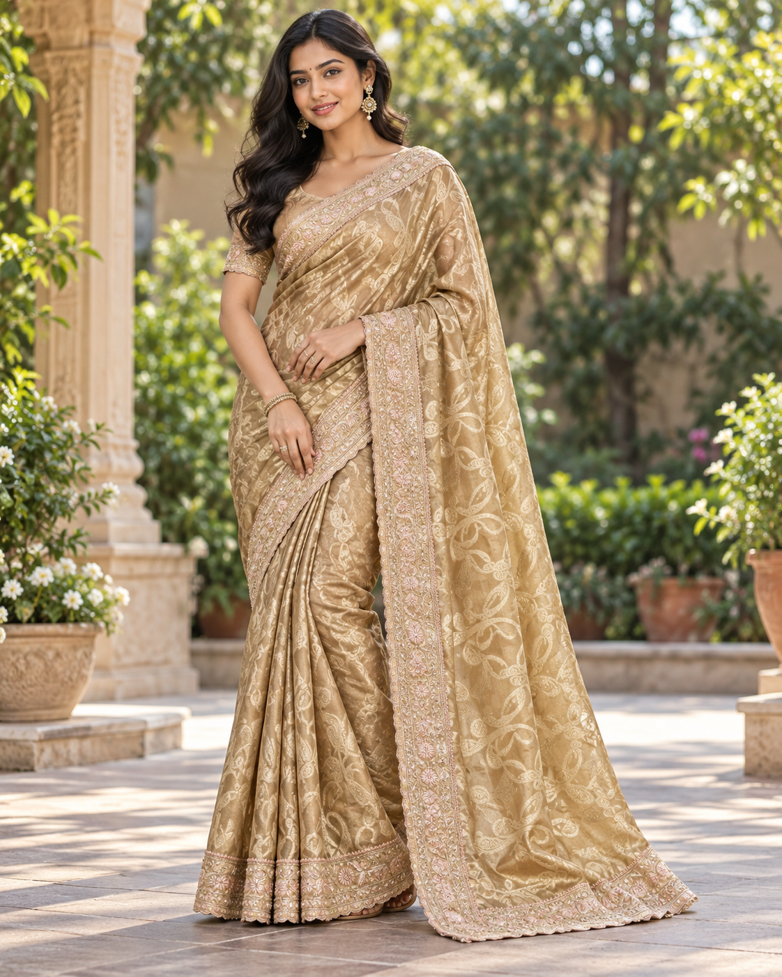 Golden Beige Jacquard Silk Saree
