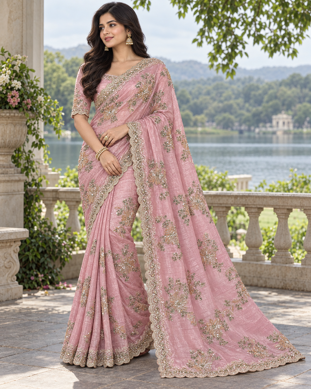 Ivory White Floral Embroidered Saree Main image