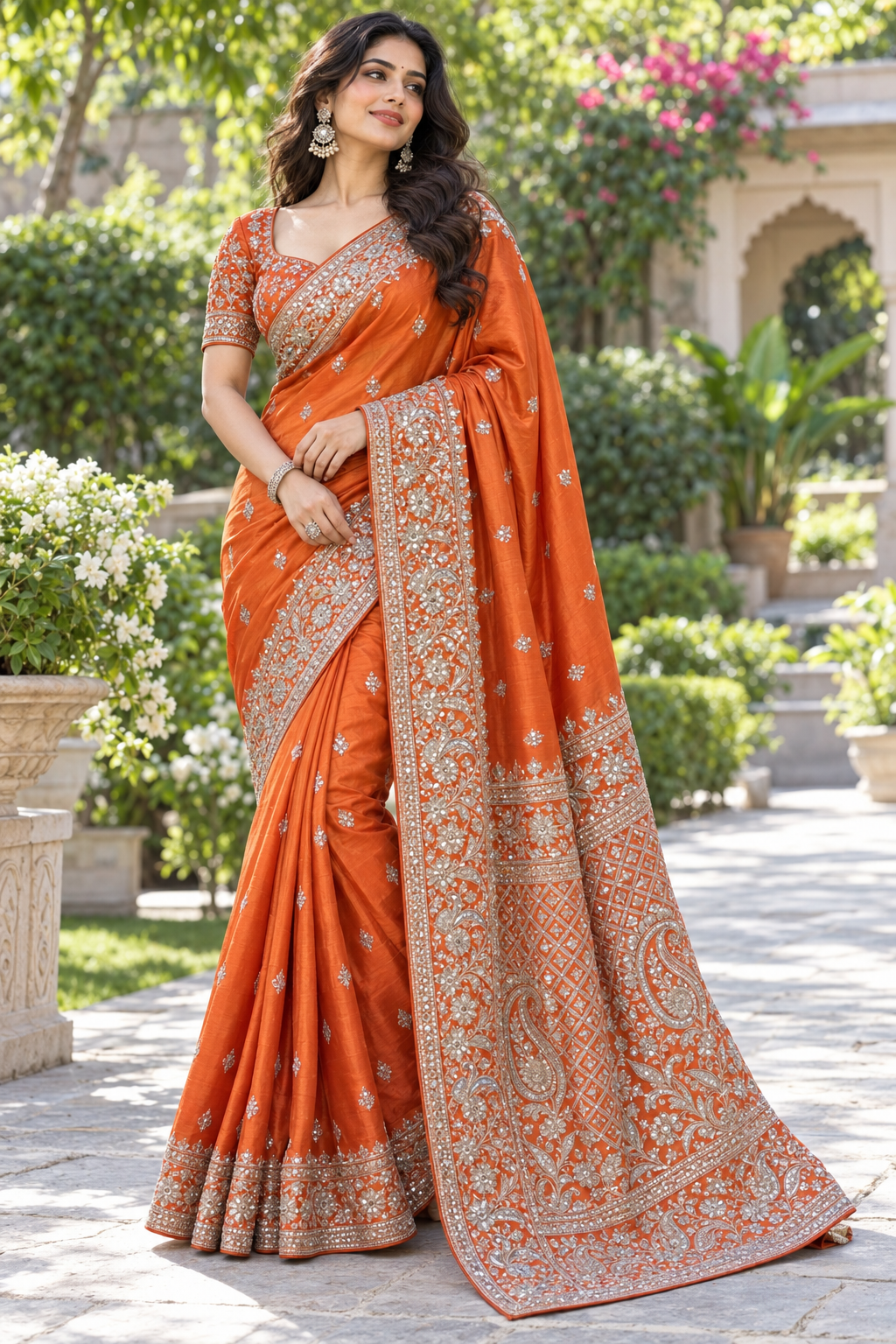 Rust Orange Raw Silk Saree with Silver Zardozi Floral Lattice & Paisley Border