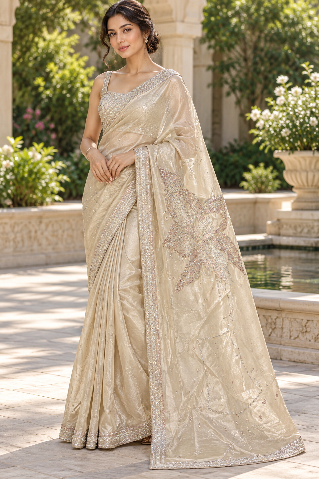 Golden Beige Jacquard Silk Saree