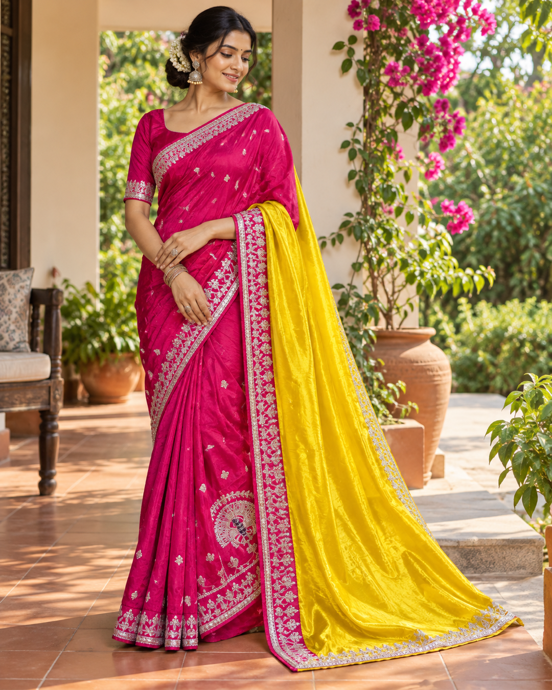 Magenta and Sunshine Yellow Embroidered Saree with Peacock Motif Main image
