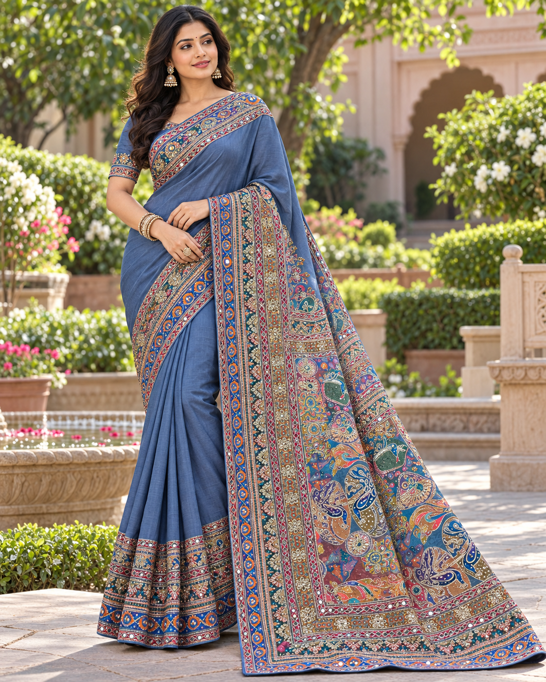 Slate Blue Kalamkari Printed Saree Main image