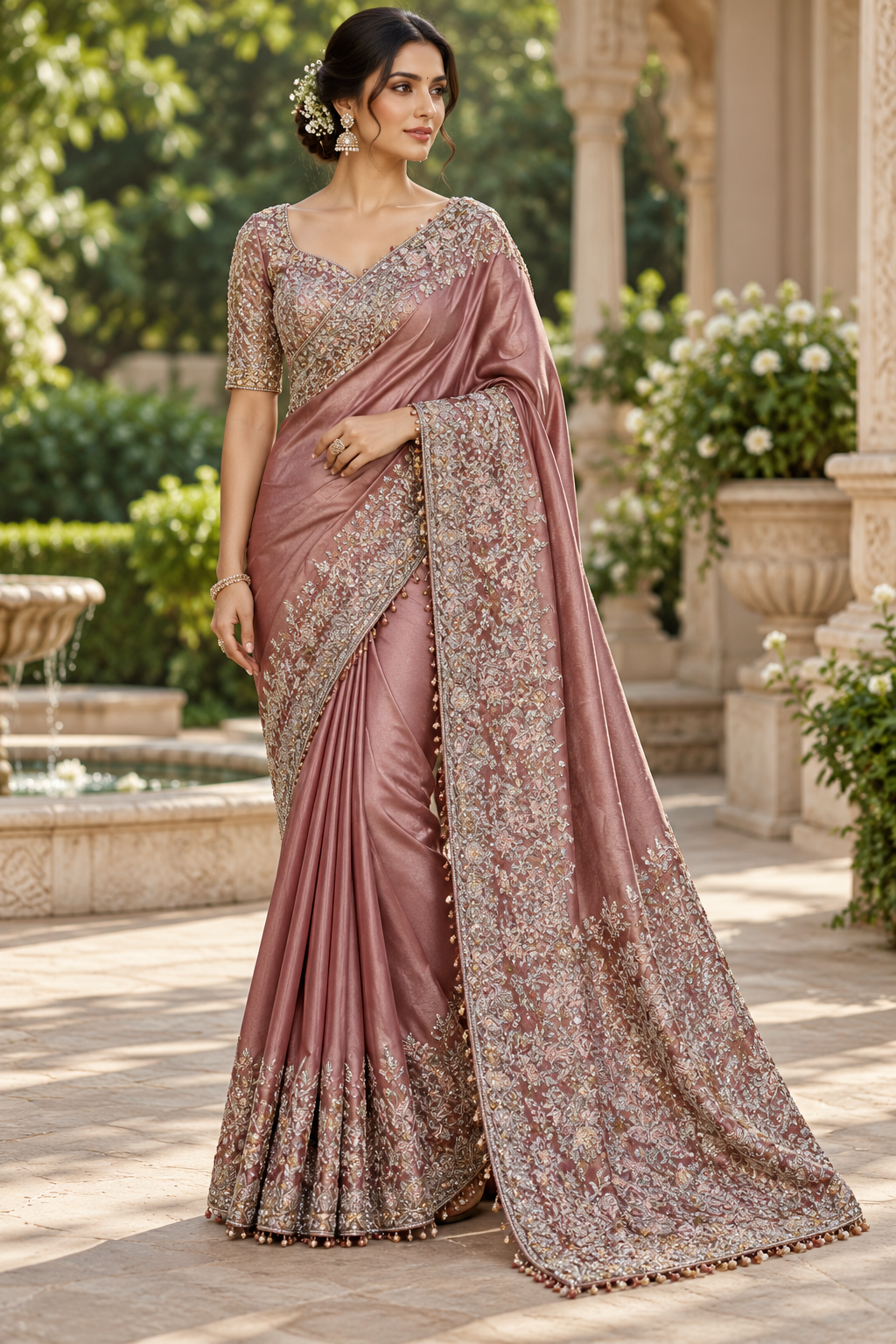 Dusty Rose Pink Silk Saree with Intricate Floral Zardozi Embroidery & Pearl Tassel Border