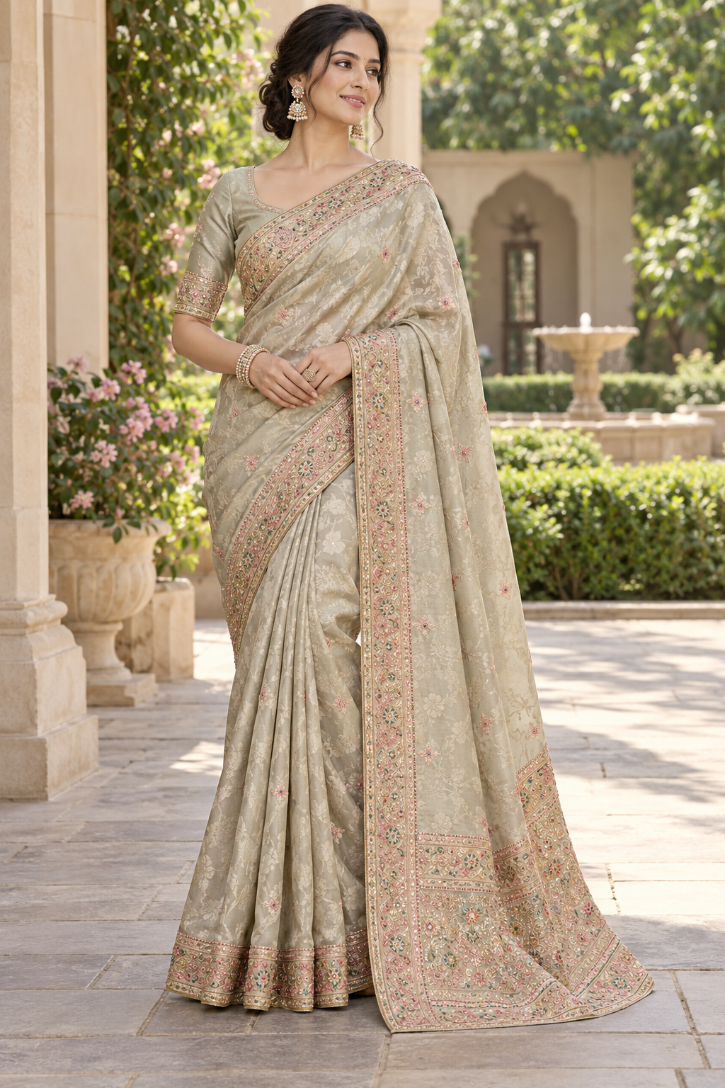 Dusty Rose Pink Silk Saree with Intricate Floral Zardozi Embroidery & Pearl Tassel Border