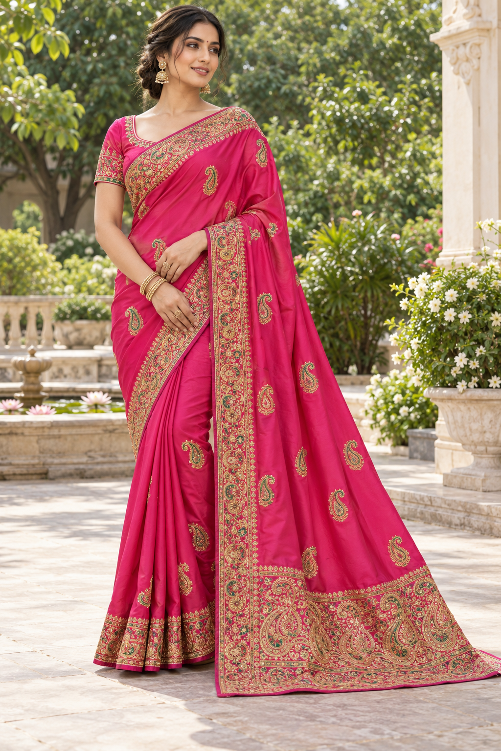 Red Coral Paisley Embroidered Saree Secondary image