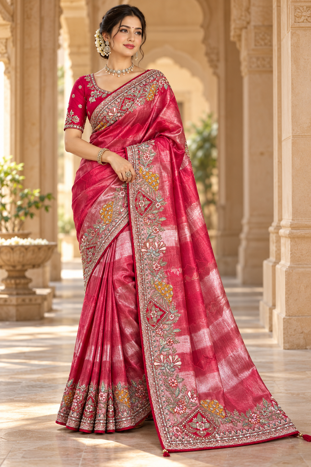 Crimson Pink Zari Striped Saree with Floral Embroidery Main image