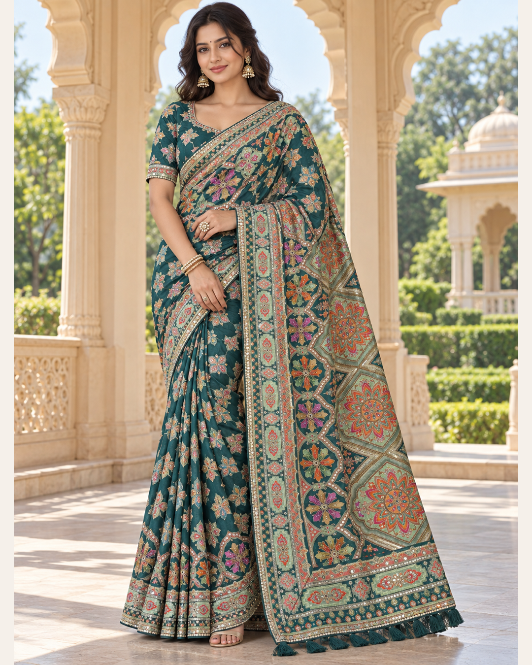 Teal Blue Saree with Floral & Geometric Printed Pallu Main image