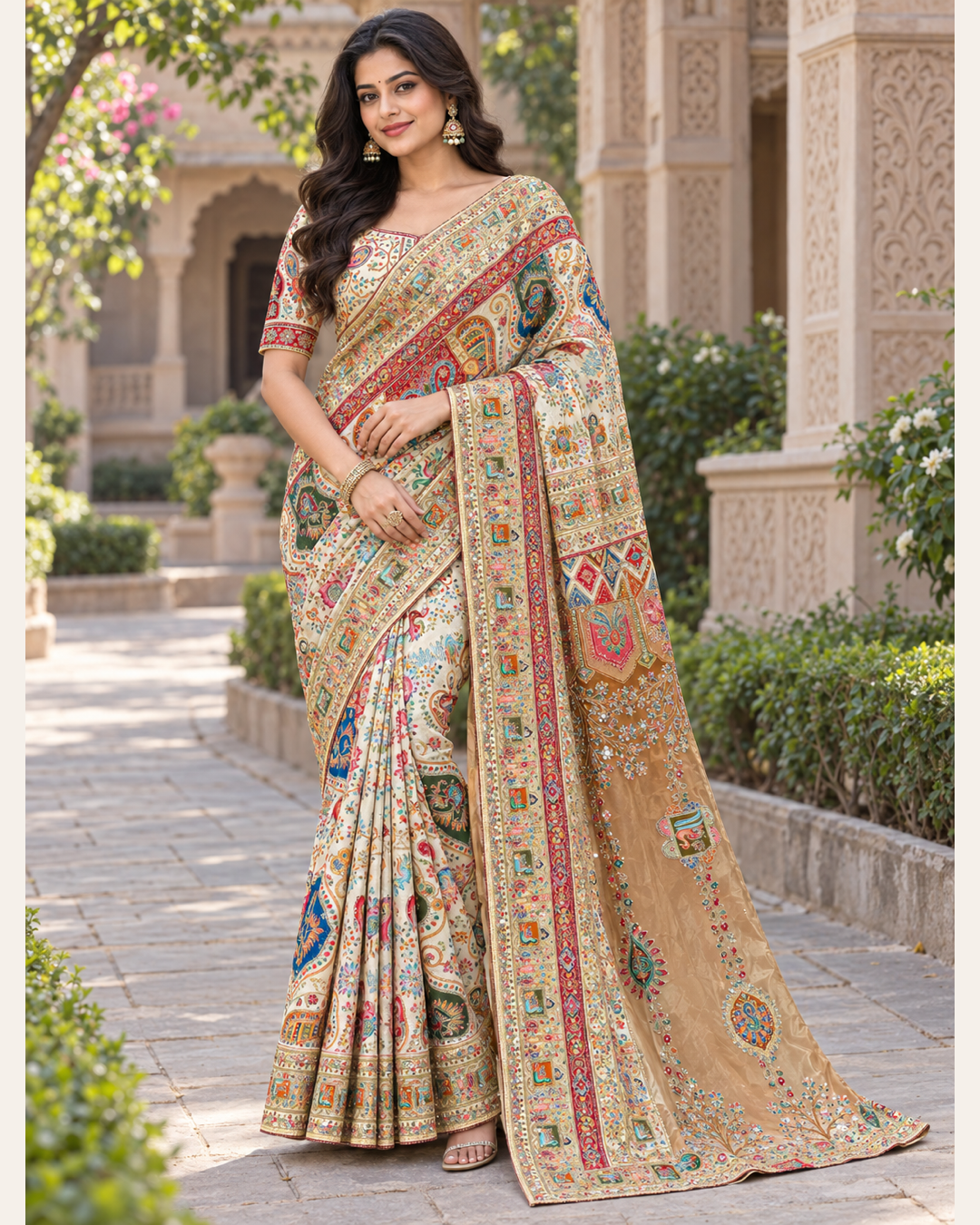 Beige Multicolour Printed Saree with Traditional Motif Border Main image