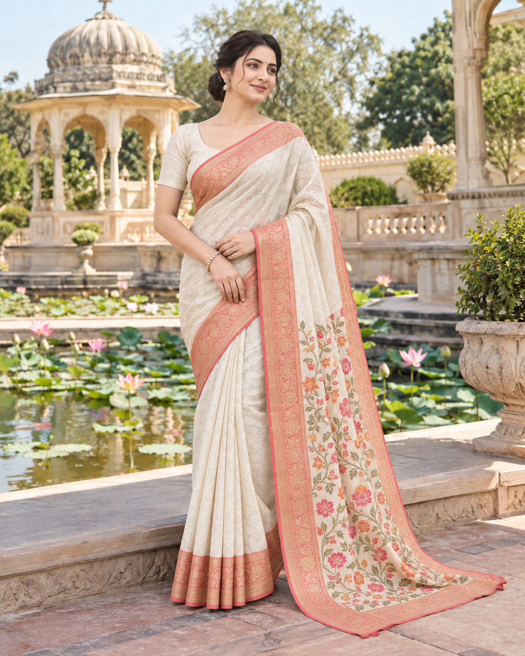 Off-White Saree with Coral Pink Floral & Zari Woven Border