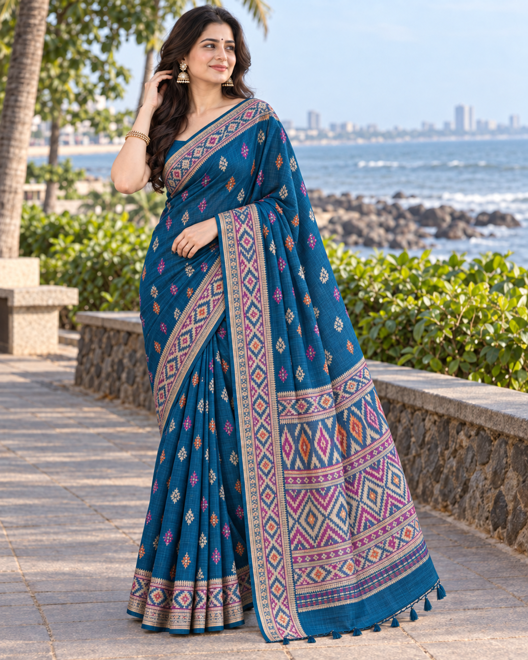 Deep Peacock Blue Saree with Multicoloured Ikat &amp; Geometric Detailing Main image