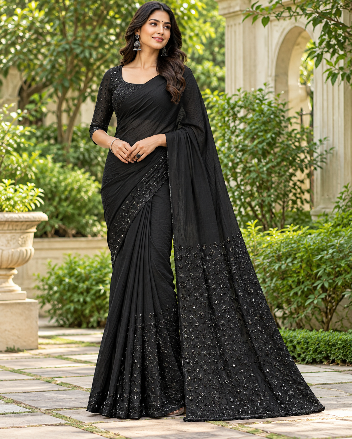 Elegant Black Embellished Georgette Saree