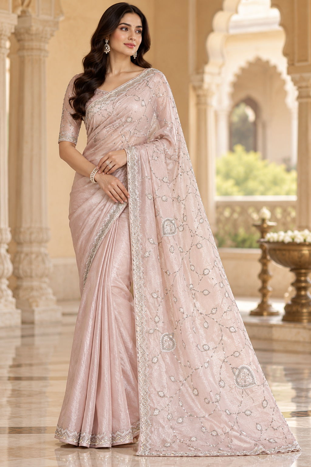 Blush Pink Sequined Embellished Saree