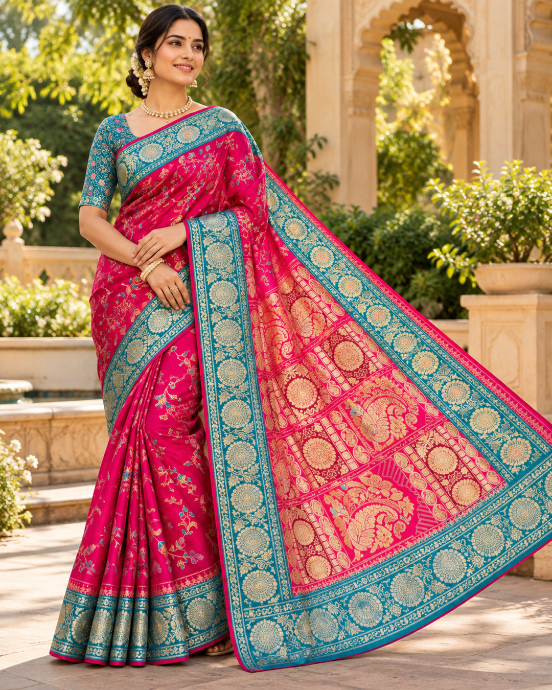 Rani Pink Silk Saree with Peacock Blue Zari Border & Traditional Medallion Pallu Main image