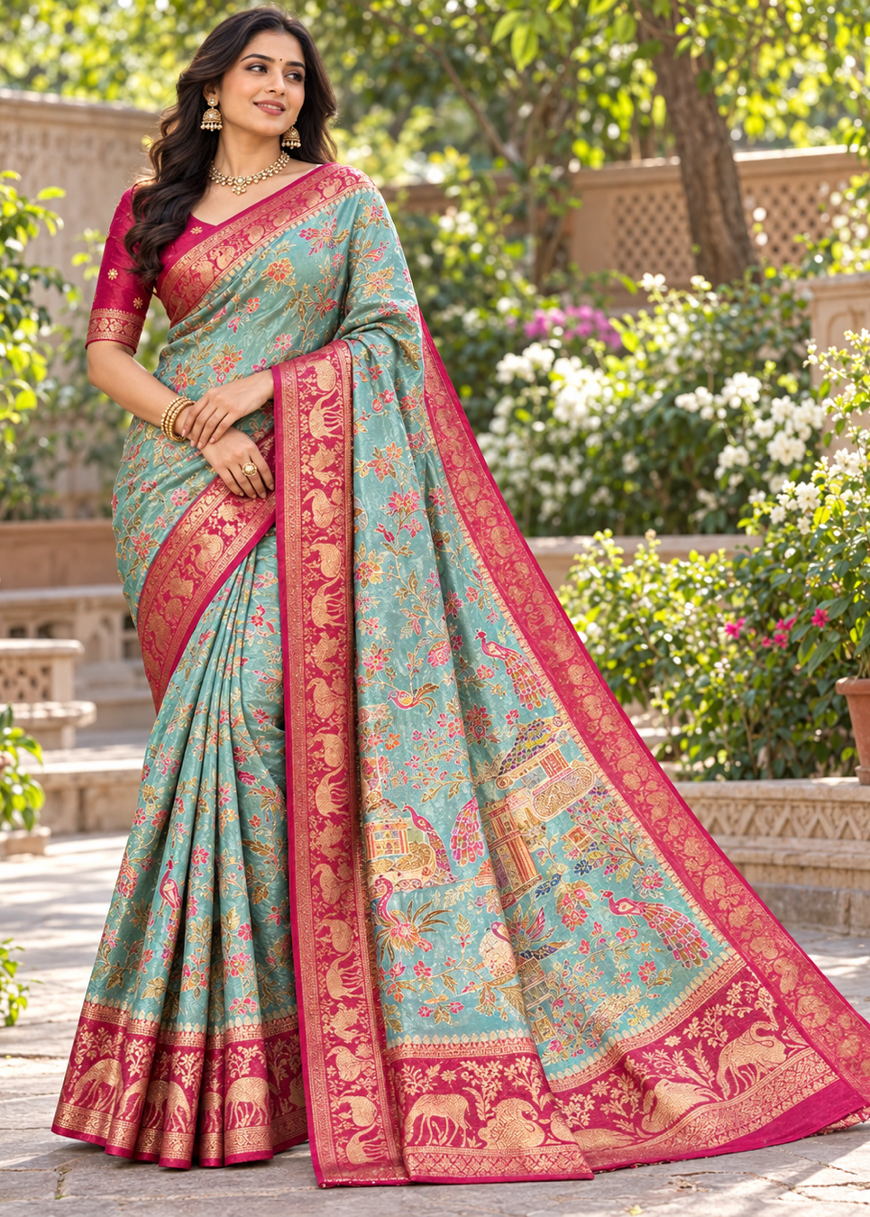 Sea Green Silk Saree with Floral Jaal, Rani Pink Brocade Border & Peacock Pallu Main image