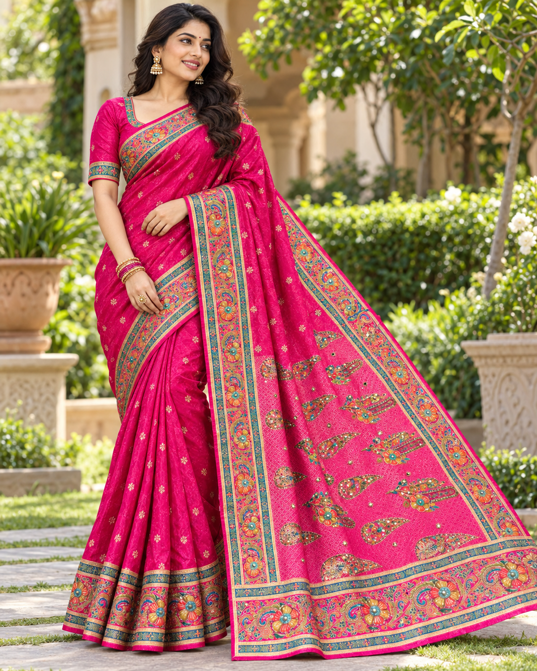 Rani Pink Silk Saree with Meenakari Floral Border & Paisley Applique Pallu Main image