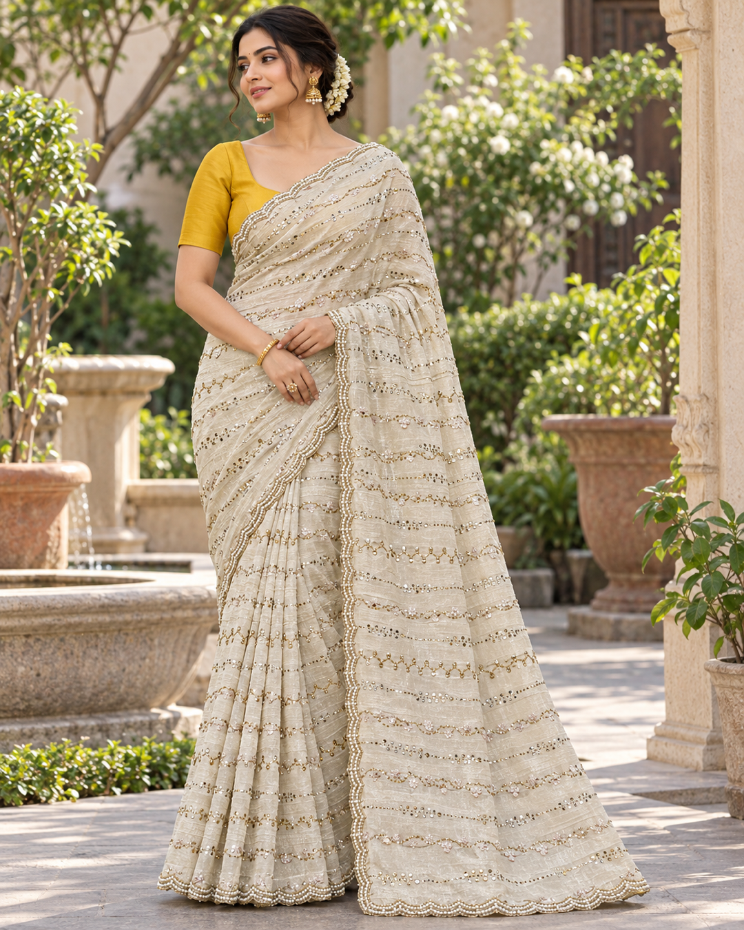 Shimmering Pista Saree with Pastel Embroidered Main image