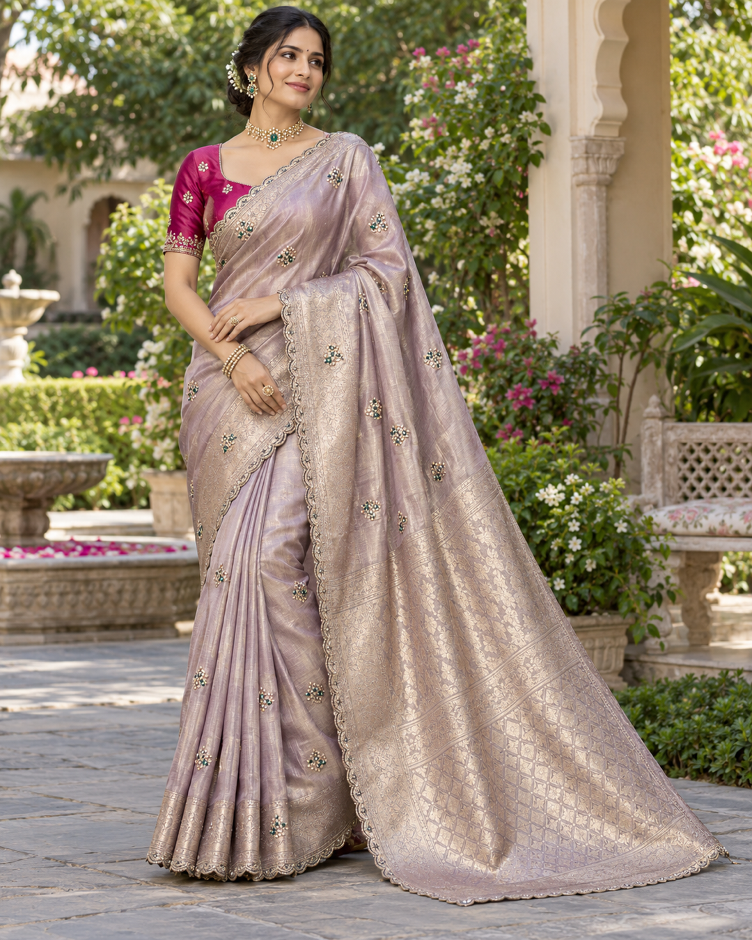 Lavender Lilac Silk Saree with Scalloped Zardozi Border & Magenta Blouse