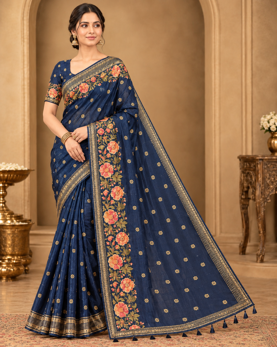 Navy Blue Floral Embroidered Silk Saree