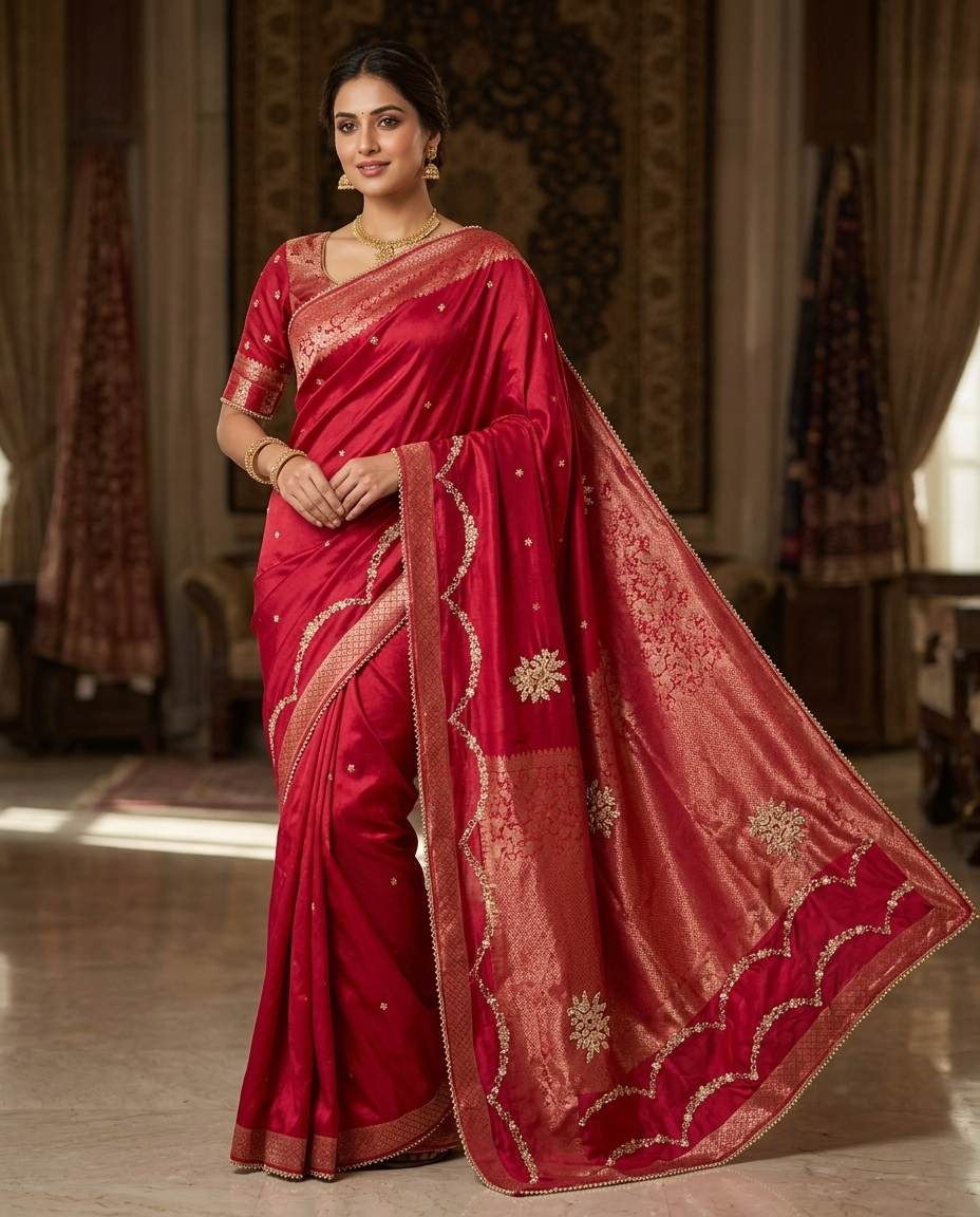 Crimson Red Scalloped Silk Saree