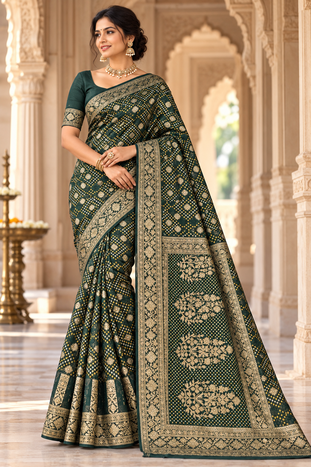 Deep Emerald Green Bandhani And Zari Woven Saree