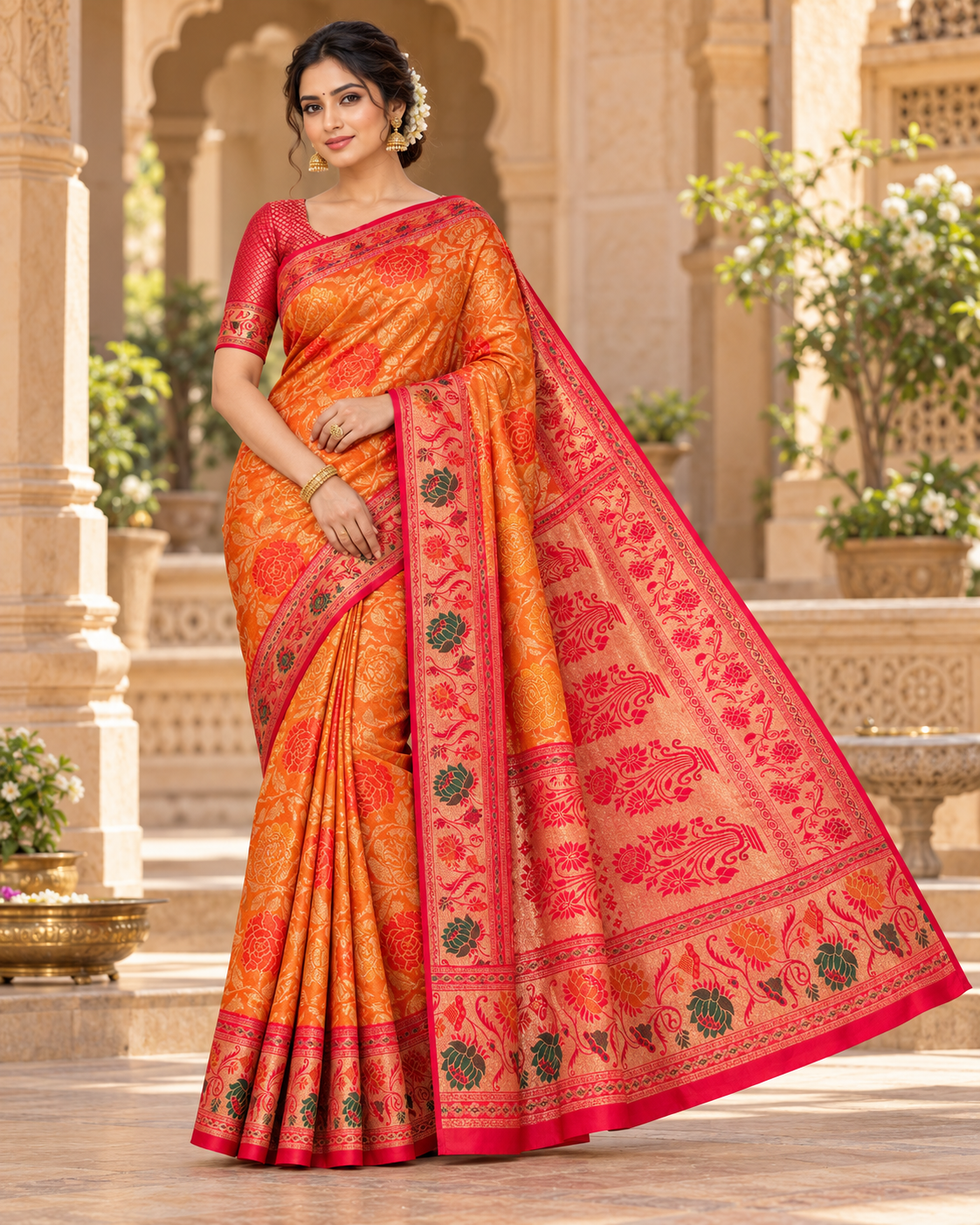 Sunset Orange & Crimson Red Banarasi Silk Saree with Woven Lotus Floral Jaal & Meenakari Border
